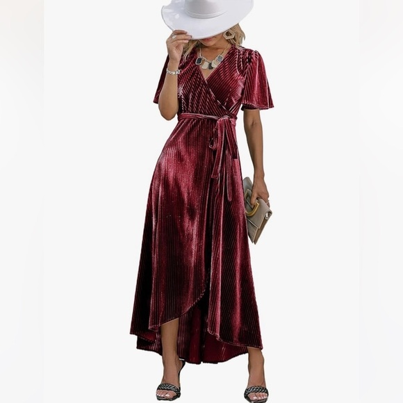 Women’s Red Wine Colored Velvet Wrap Dress - Picture 1 of 4